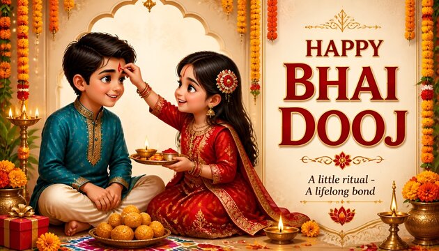 Illustration of a sister applying tilak on her brother for the bhai dooj festival celebration with festival