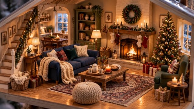 Cozy Home Interior With Christmas Decorations and a Fireplace Glowing at Night