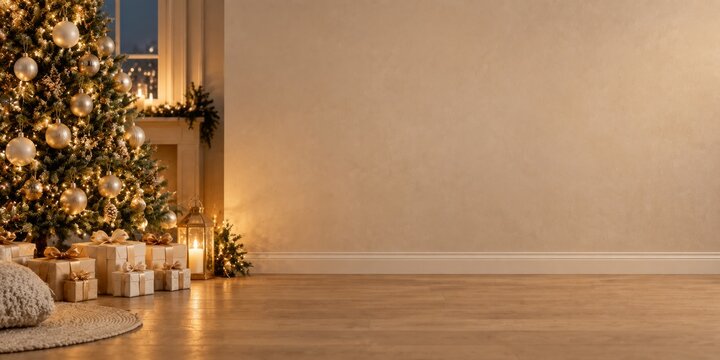 Cozy Living Room With Christmas Tree and Decorations in Evening Light