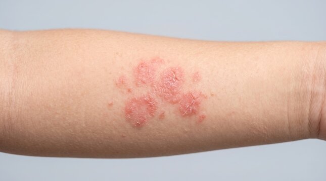 Close up of nummular eczema, ringworm tinea corporis or psoriasis plaque on human arm, dermatology skin condition