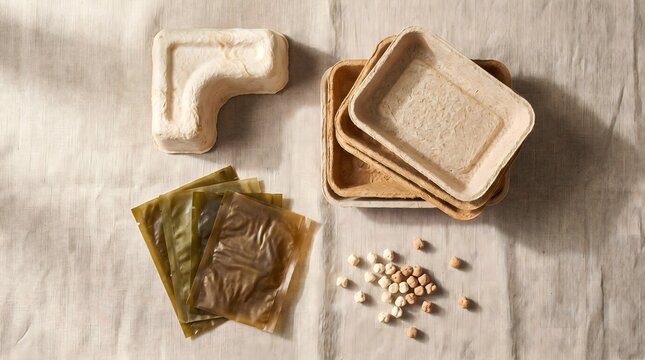 Biodegradable packaging samples made from mycelium and seaweed, sustainable plastic alternatives and circular packaging design