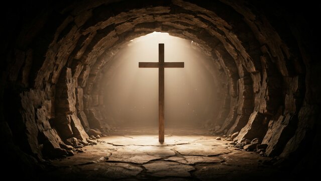 Wooden christian cross standing in a dark stone cave with backlit light