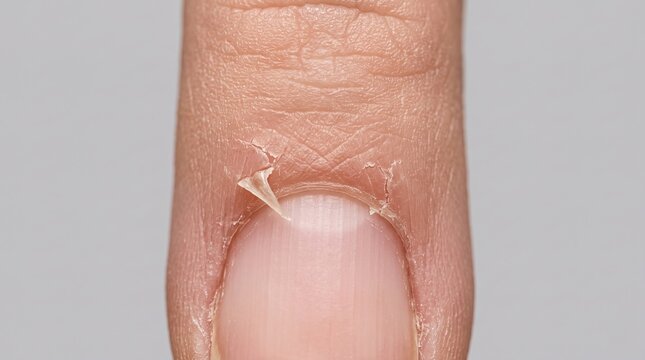 Macro close up of torn cuticle hangnail peeling skin on human finger