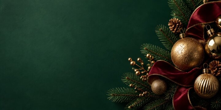 Christmas Decoration With Gold Ornaments and Green Branches on a Dark Background