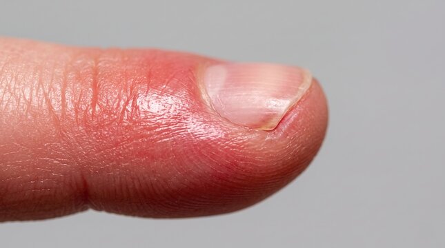 Swollen red inflamed finger tip paronychia nail infection macro