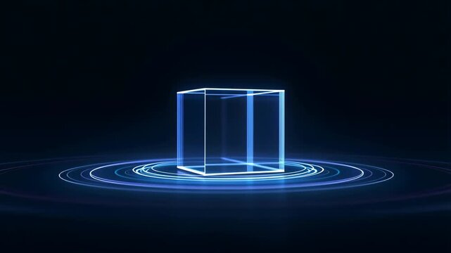 Glowing hologram wireframe cube rotating above neon concentric rings on dark stage 60 FPS