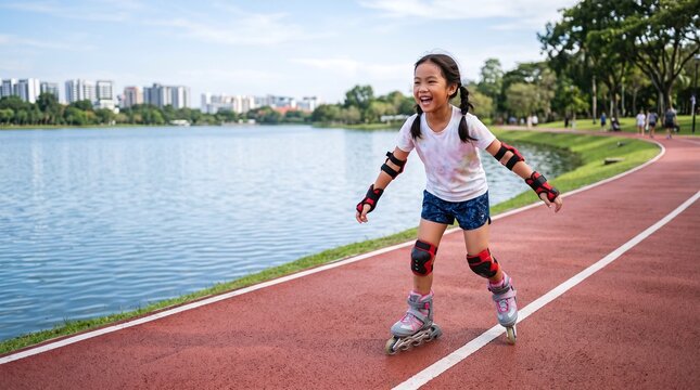 Asian girl wearing protective gear inline skating along red paved lakeside track beside green park lawn
