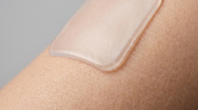 Clear hydrocolloid bandage blister patch on human skin macro