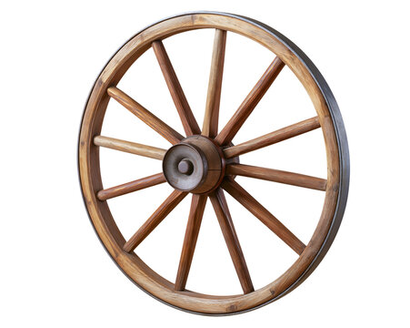 Wooden wagon wheel with metal rim.