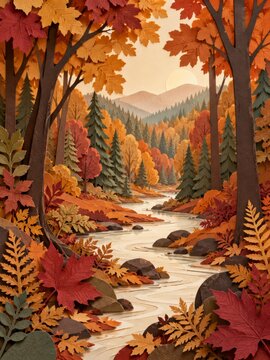 Colorful Autumn Forest With River and Mountains in Background