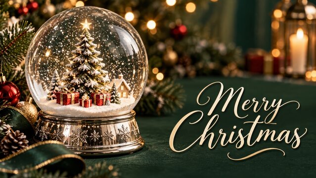 Snow Globe With Christmas Tree and Gifts on Green Table