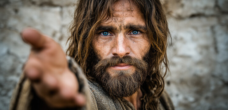 Jesus Christ reaches out his hand to offer salvation during Easter time in a scene reflecting Christian faith