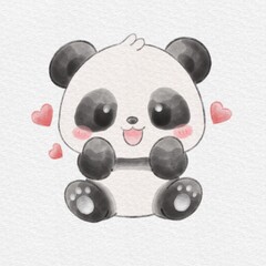 Cute Baby Panda Sitting with Hearts, Hand Drawn Watercolor Illustration. © Drawingwith