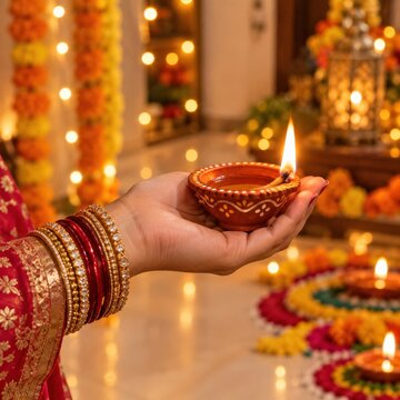 Female hand holding of traditional oil lamp on diwali festival