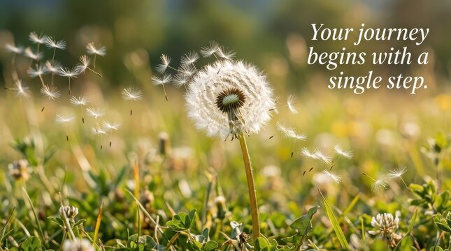 Dandelion seeds blowing in the wind with inspirational quote about starting a journey