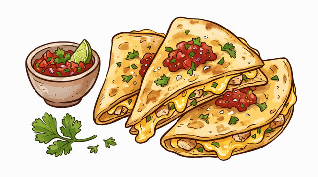 Flat vector illustration of cheesy quesadilla wedges isolated on a white background for menu design