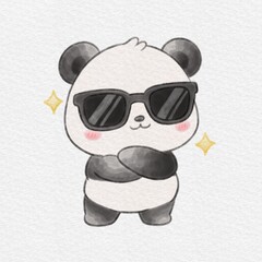 Cute Panda Wearing Sunglasses, Hand Drawn Watercolor Illustration. © Drawingwith
