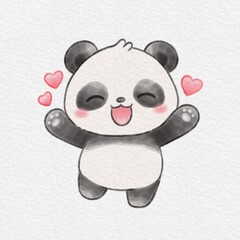 Cute Panda Watercolor Illustration with Hearts and Happy Expression, Hand Drawn Watercolor Illustration. © Drawingwith