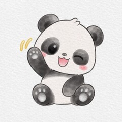 Cute Panda Watercolor Illustration Waving with Paw on White Background, Hand Drawn Watercolor Illustration. © Drawingwith