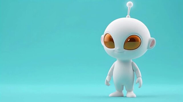 Alien character waving in futuristic studio with clean blue background