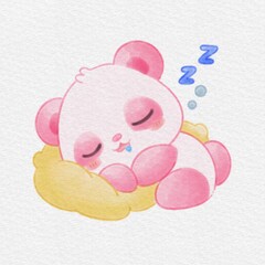 Cute Pink Panda Sleeping on a Yellow Pillow, Hand Drawn Watercolor Illustration. © Drawingwith
