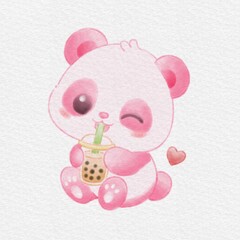 Cute Pink Panda Drinking Bubble Tea – Adorable Kawaii Animal Illustration, Hand Drawn Watercolor Illustration. © Drawingwith