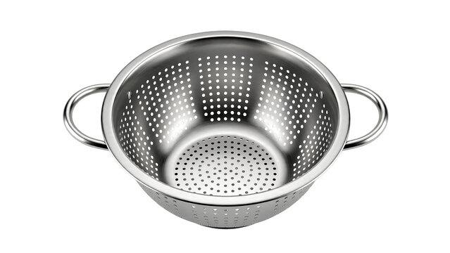 Stainless steel colander strainer bowl isolated on transparent background kitchenware PNG