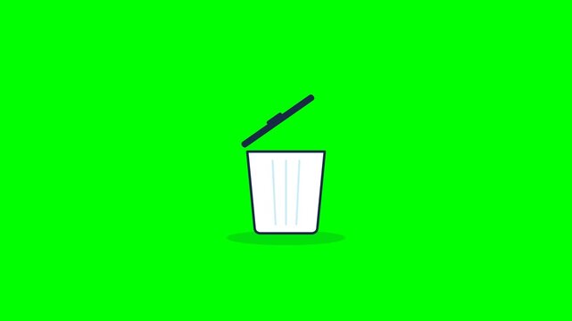 Professional 2D flat vector motion graphics animation of files being deleted into a recycle bin one by one, bin lid closing smoothly, and green success checkmark appearing on solid green 