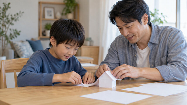紙の家を一緒に作る日本人の父親と息子