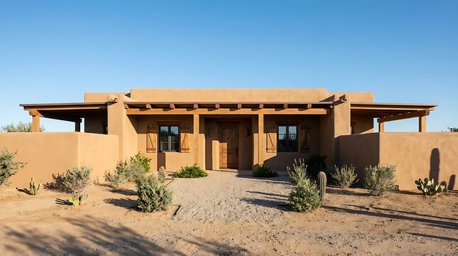 Traditional adobe house with flat roof and desert plants in a sunny landscape under a clear blue sky. minimalist adobe houses