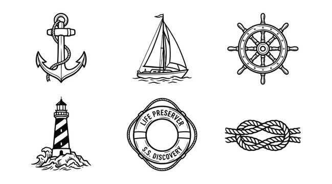 Set of nautical icons including anchor, sailboat, ship wheel, lighthouse, buoy
