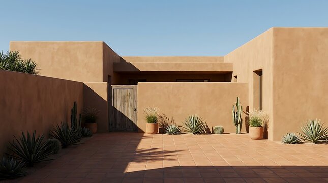 Modern desert house with adobe walls and green cacti plants under a clear blue summer sky in daylight. 
minimalist adobe houses