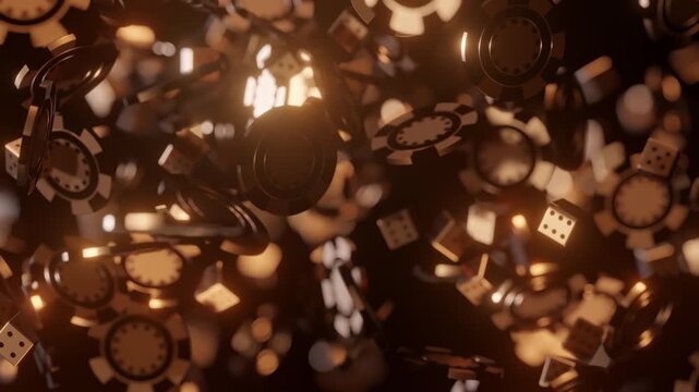 Golden poker chips and dice falling in warm bokeh light. Casino game, luck and online gambling