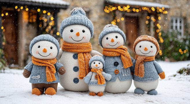 Snowmen family stands together in snowy outdoor setting during winter celebration