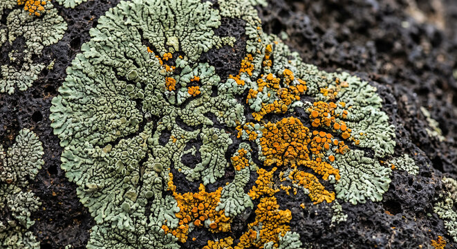 Green and orange lichen growing on dark volcanic rock close-up