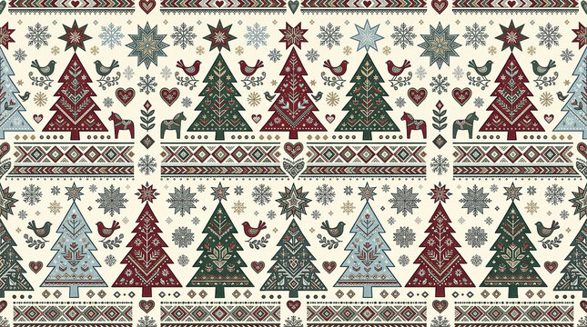 Christmas folk art seamless pattern with decorated fir trees and birds for winter holiday celebration.
