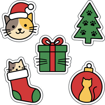 Christmas Cat Gift Tags Collection with Santa Cat, Paw Print Tree, Gift Box, Stocking and Ornament