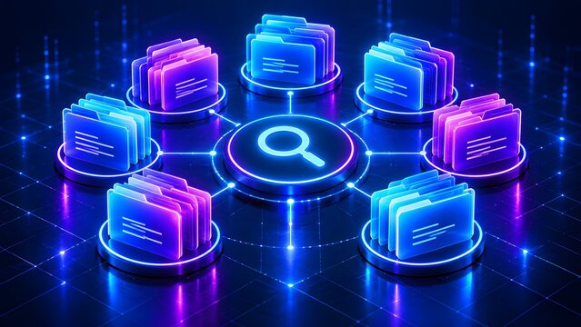 Circular network of glowing neon digital folders connected to a central search icon representing centralized database storage and fast retrieval