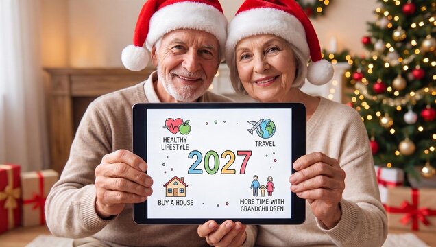 2027 new year goals vision board &mdash; elderly couple in santa hats holding a tablet with healthy lifestyle, travel, buy a house and more time with grandchildren, cozy christmas home with tree and gifts