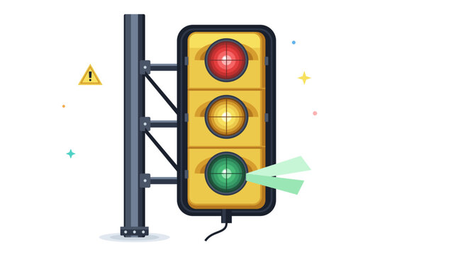 Modern three color traffic light signal on a steel pole