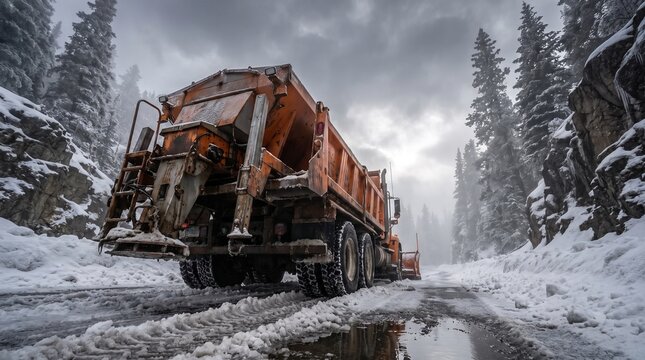Orange Snow Plow Truck Clearing a Snowy Mountain Road during Winter