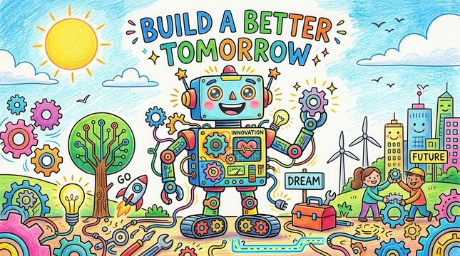 Creative robot illustration building a better future with gears, innovation, and children