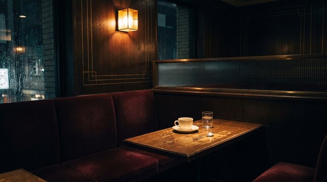 雨の夜、暖かな照明に包まれたレトロな喫茶店の窓際席