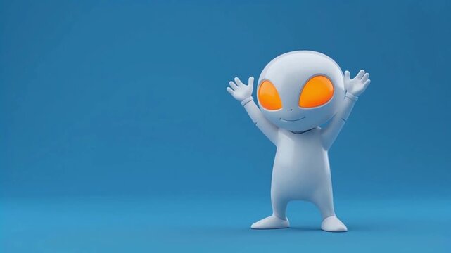 3d android figure celebrating victory with arms raised in blue studio