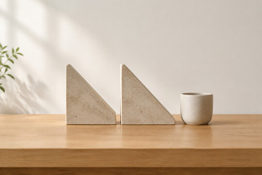 Two identical triangular bookends in row on oak desk with ceramic cup, minimalist desk organization concept
