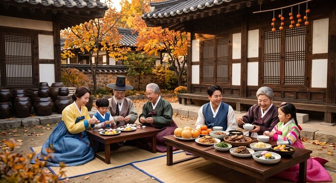 Happy multi-generational Korean family wearing traditional hanbok clothing enjoying a feast together in a historic village garden during autumn