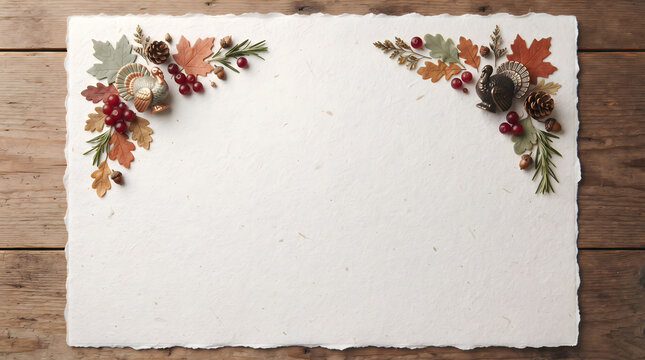 Thanksgiving invitation mockup with blank handmade paper, autumn foliage and turkey ornaments, rustic fall background for holiday greetings