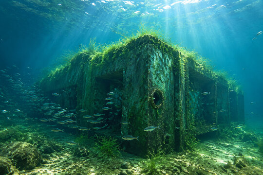 A large underwater caisson on a riverbed with fish and green moss in sunlit water.
