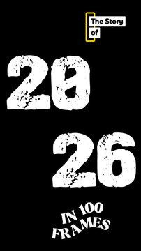 "The Story of 2026 In 100 Frames" text layout on black background for year recap cover