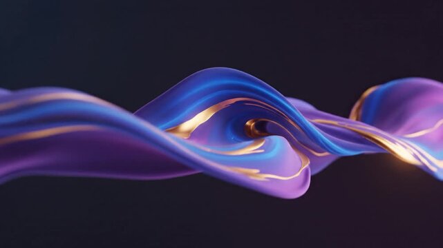 Abstract 3D purple and blue fluid wave with glowing gold accents on a dark background for modern design